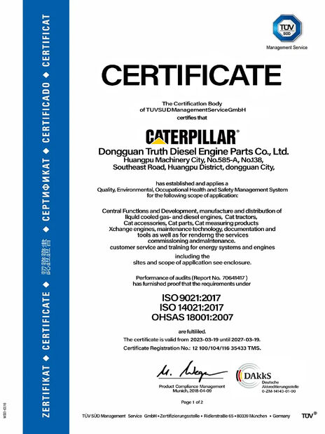 Chine Dongguan Truth Diesel Engine Parts Co., Ltd. certifications